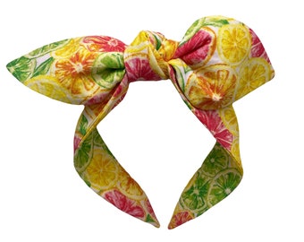 Lemon Lime Knotted Headband, Removable Bow, Cotton Fabric