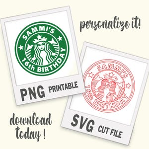 May include: Two digital design files, a green PNG and a red SVG, featuring a custom logo for a 16th birthday. The logo includes the text "SAMMI'S 16th BIRTHDAY" in a circular design with a mermaid-like figure. The image also includes the text "PNG Printable" and "SVG Cut File".