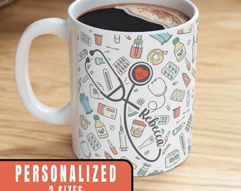 Personalized Nurse Coffee Mug,  Custom Stethoscope with Your Name, Medical Field, Nursing School Graduate Gift, New Nurse Graduation Cup