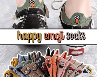 Boho Emoji Face Socks, Happy Kawaii Cartoon Embroidered Ankle Socks, Stocking Stuffer, Boat Socks, Boho Colors, Fast Same Day Shipping