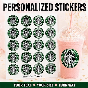 May include: A sheet of twenty circular stickers featuring a green and white logo design with the text OLIVIA'S BIRTHDAY and a central siren graphic. A clear plastic cup filled with a pink beverage and one sticker applied to the front.
