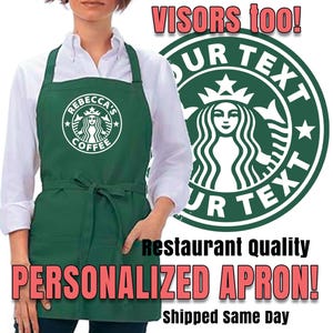 May include: A green personalized apron with the text "REBECCA'S COFFEE" in white. The apron has two front pockets and a tie-waist design. The image also includes a large green and white logo and the text "PERSONALIZED APRON!"