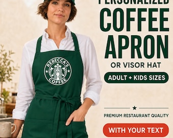May include: A dark green apron and matching visor hat featuring a white circular logo with the text REBECCA'S COFFEE. The image includes text: PERSONALIZED COFFEE APRON OR VISOR HAT, ADULT + KIDS SIZES, PREMIUM RESTAURANT QUALITY, WITH YOUR TEXT.