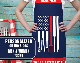 Personalized BBQ Apron for Men and Women, Custom Grill Master Patriotic Red White and Blue Barbeque Flag, Real Men Smell Like Meat Apron