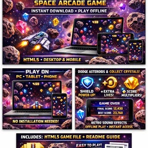 May include: Promotional graphic for "Nebula Run," a space arcade game. The image showcases the game on various devices: laptop, tablet, and smartphone. Features include instant download, offline play, and HTML5 compatibility. The game involves dodging asteroids and collecting crystals.