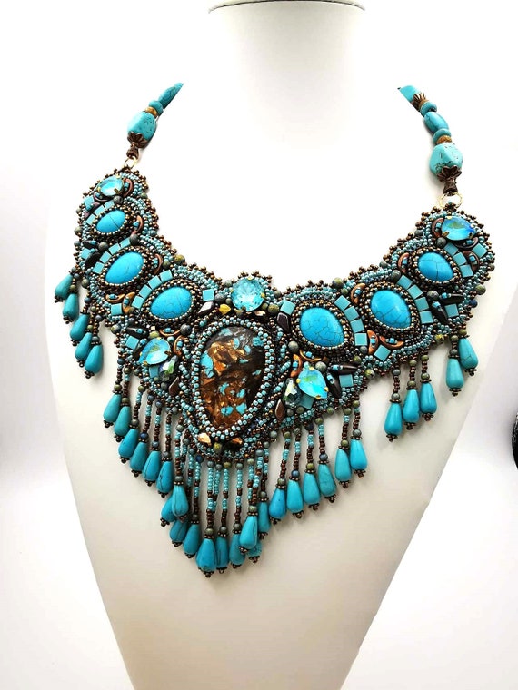 Boho Chic Faux Turquoise Necklace - Handmade Beaded  Bohemian Faux Turquoise Statement Necklace Orange Foil Glass Beads Silver Tone main image 0