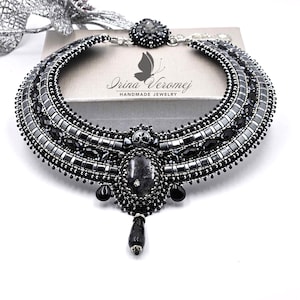 Bohemian Beaded Necklace with Natural Larvikite Stone - Black and Silver Tones,Unique Egyptian Bib Necklace,OOAK Collar in Black Silver