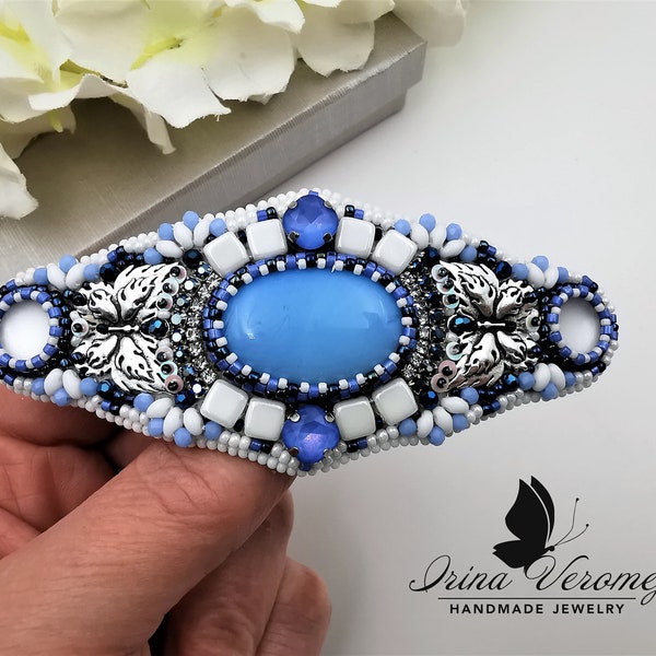 Large blue hairpin OOAK with opalite (artificial opal) embroidered with beads, French hairpin.