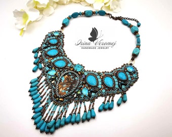 Statement Turquoise Necklace, Beaded and Gemstone Embroidered Jewelry, OOAK Handmade Large Necklace, Statement Collar Necklace