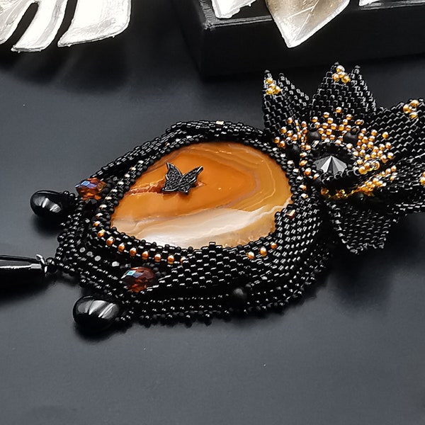 Large black orange flower pendant, OOAK orange necklace, OOAK black pendant, jewelry beading, rare stone pendant.