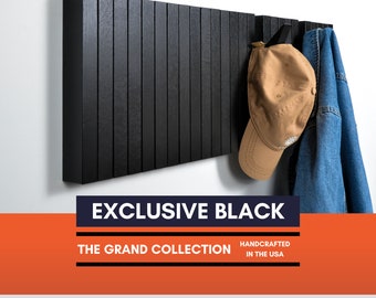 Exclusive Black - Grand Modern Coat Rack, Hardwood, MCM Wall Hanging Storage Rack, Rustic Shelf Hooks, Hat Rack, Towel Rack, Wall Decor