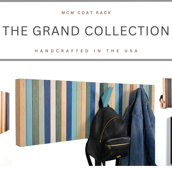 Grand Design Modern Coat Rack, Hardwood Coat Rack, MCM Wall Hanging Storage Rack, Rustic Shelf Hooks, Hat Rack, Towel Rack, Wall Decor Art