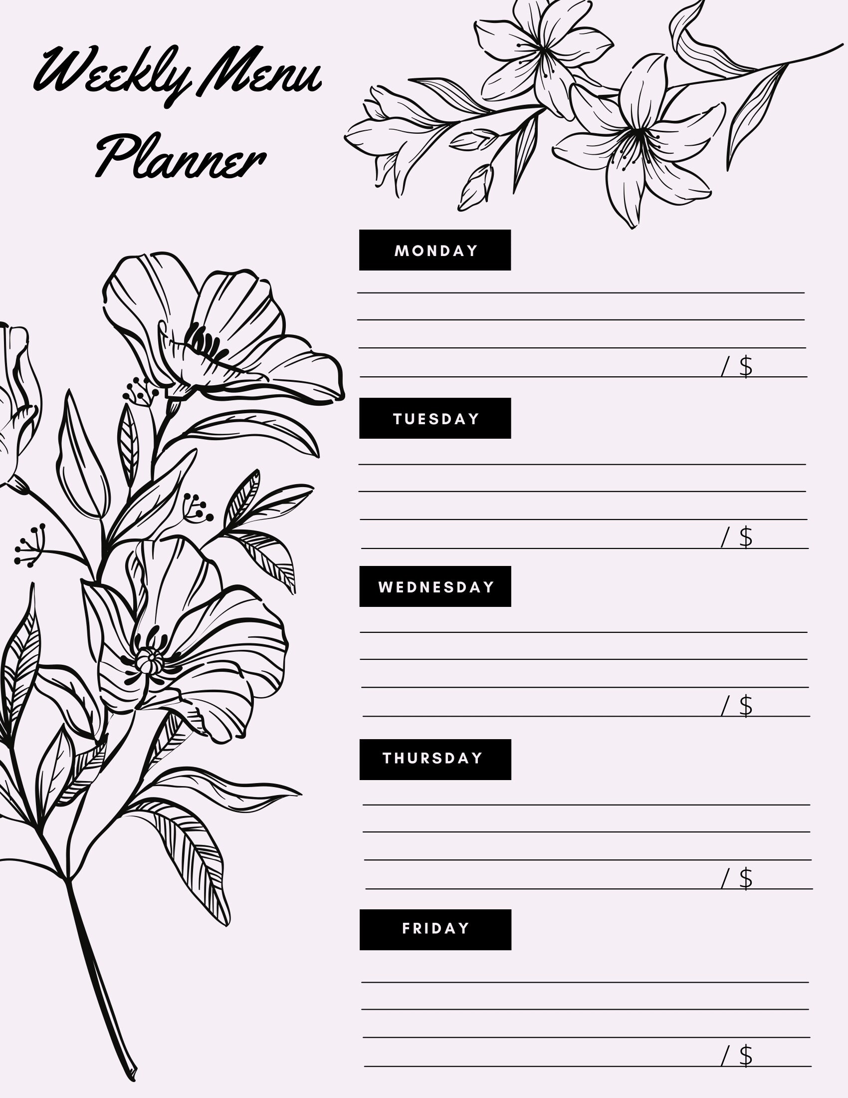 Weekly Meal Plan Printable Floral Design Set of 3 Colors White, Pink ...