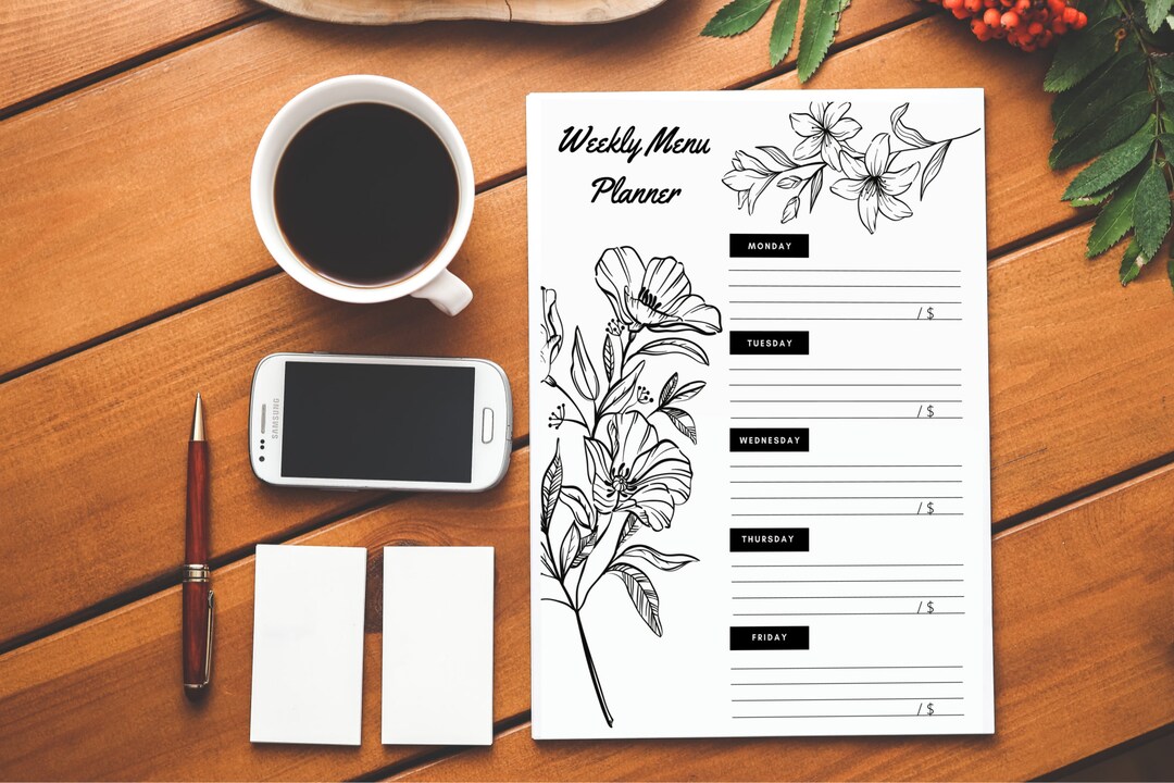 Weekly Meal Plan Printable Floral Design Set of 3 Colors White, Pink ...