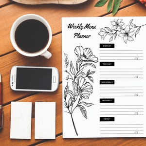 Weekly Meal Plan Printable Floral design Set of 3 Colors white, pink, blue