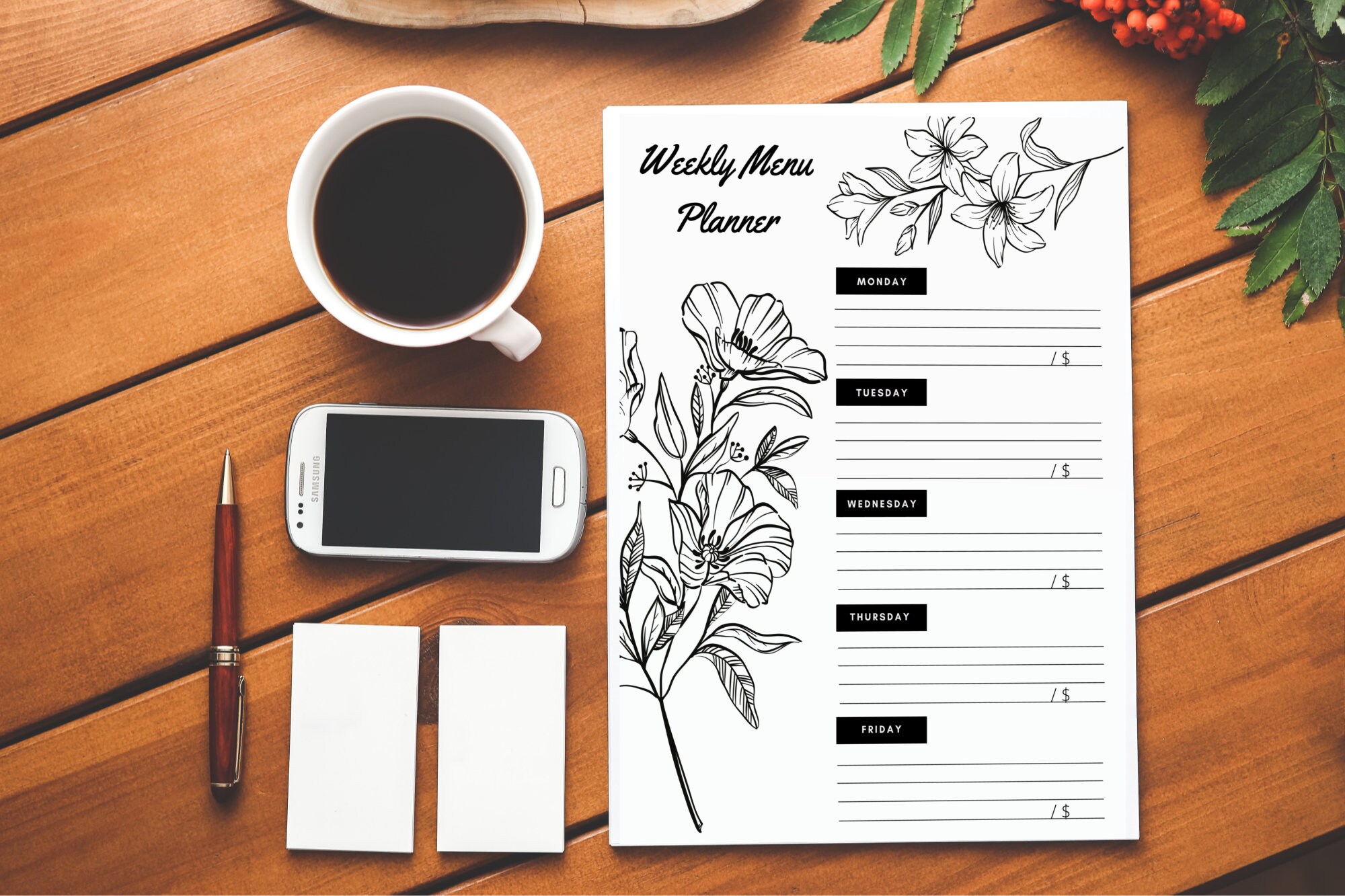 Weekly Meal Plan Printable Floral Design Set of 3 Colors White, Pink ...