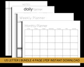 Calendar blank pdf, US Letter, Calendar Instant Download, Planner Bundle Set, Monthly Weekly Daily Notes set, Portrait and Horizontal layout