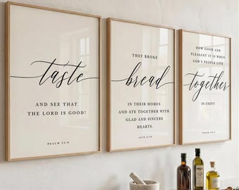 Christian Kitchen Wall Art Set of 3, Bible Verse Prints 16x24, Taste Bread Together, Scripture Dining Room Decor