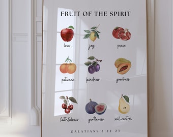 May include: A framed wall art print titled FRUIT OF THE SPIRIT, featuring nine watercolor illustrations of fruits paired with words like love, joy, peace, patience, kindness, goodness, faithfulness, gentleness, and self-control, citing Galatians 5:22-23.