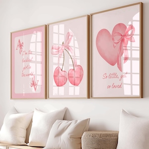 Set di 3 stampe da parete rosa per la cameretta delle bambine – Stampe per la camera da letto delle bambine – Ciliegie, cuori e citazioni – Regalo per la cameretta delle bambine – Poster acquerello rosa