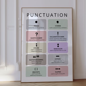 Póster de puntuación, tabla de gramática para educación en casa, imprimible, decoración para el aula, recursos didácticos, póster educativo, decoración de pared con puntuación