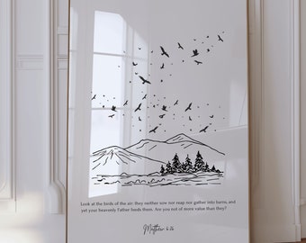 Look at the Birds Matthew 6:26 Bible Verse Digital Print  Inspirational Jesus Art Poster Line Art Faith-Based Wall Decor