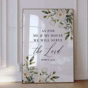 Bible Verse Wall Art Print Floral Christian Printable Housewarming Gift Christian Wall Decor Joshua 24:15  As for Me & My House Wall Art