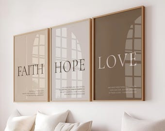 Faith Hope Love Scripture Wall Art Set of 3, Christian Home Decor, Bible Verse Prints for Modern Living Room, Beige and Taupe Gallery Wall