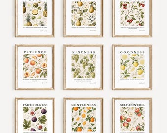 Fruit of the Spirit Wall Art Set of 9, Christian Bible Verse Prints, Botanical Scripture Gallery Wall, Galatians 5 22, Modern Church Decor