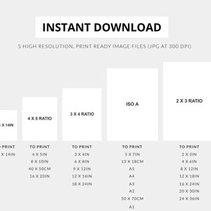 May include: An image with the text "INSTANT DOWNLOAD" and "5 HIGH RESOLUTION, PRINT READY IMAGE FILES (JPG AT 300 DPI)". It shows various print sizes, including 11 x 14in, 4 x 5in, 3 x 4in, ISO A, and 2 x 3 ratio, with corresponding dimensions.