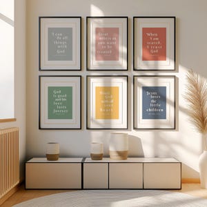 Juego de 6 carteles de pared con versículos bíblicos coloridos: decoración imprimible para aulas cristianas y escuelas dominicales: arte bíblico para el aprendizaje de la fe de los niños