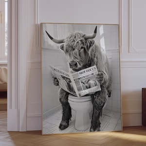 Funny Highland Cow Bathroom Print - Cow on Toilet Reading Newspaper - Vintage Farmhouse Wall Art - Printable AI Art