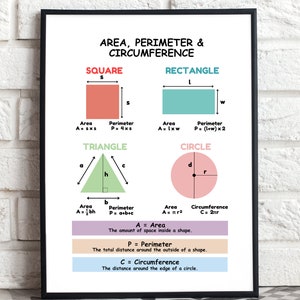 Mathe-Geometrie Klassenzimmer Dekor Poster Math Bereich & Perimeter Klassenzimmer Dekor Grundschüler Math Kinder Wand Kunst Lernposter