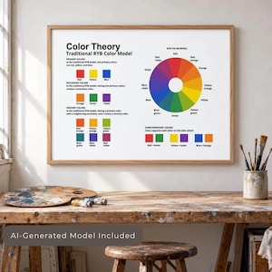 May include: A framed educational poster titled Color Theory Traditional RYB Color Model, featuring a circular color wheel and text explaining primary, secondary, and tertiary colors with corresponding color swatches on a white background.