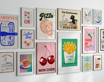 May include: A wall gallery featuring 12 framed prints with various designs, including food, drinks, and text. The prints are in a variety of colors and styles, and they are arranged in a grid pattern. The prints include images of sardines, pizza, a croissant, coffee, cherries, fries, a cocktail, and more.