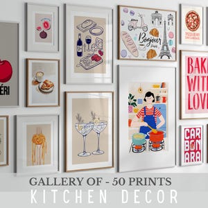 Kitchen Wall Art Set - 50 Digital Food & Drink Prints - Modern Dining Room Kitchen Decor - Instant Download