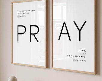 Christian Wall Art Set of 2, Pray Bible Verse Print, Jeremiah 29:12 Scripture Wall Art, Minimalist Christian Decor, Printable Wall Art