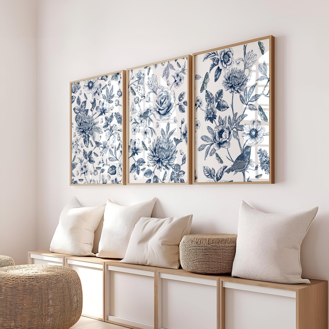 Vintage Chinoiserie Botanical Print Set of 3: Light Blue Floral Wall ...