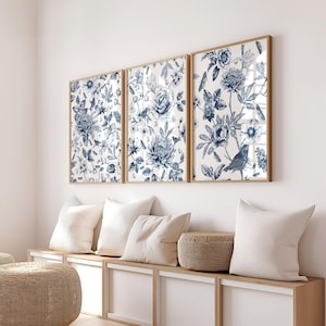 Vintage Chinoiserie Botanical Print Set of 3: Light Blue Floral Wall Art (Digital Download)