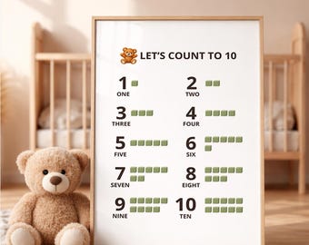May include: A framed educational wall art print titled LET'S COUNT TO 10, featuring a small brown teddy bear icon, numbers one through ten, their written names, and corresponding sets of small green squares to represent each numerical value.