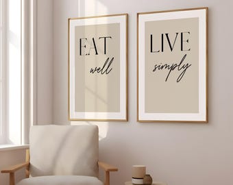Conjunto de estampas minimalistas para cozinha: arte com citações sobre alimentação saudável e vida simples (download digital)