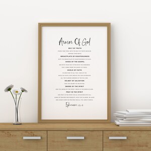 May include: A black and white printable wall art print with the text "Armor of God" and a list of the armour of God from Ephesians 6:10-18.