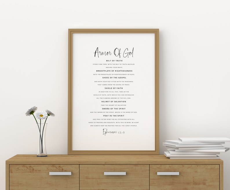 May include: A black and white printable wall art print with the text "Armor of God" and a list of the armour of God from Ephesians 6:10-18.