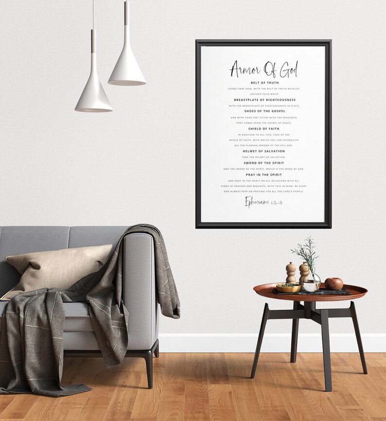 May include: A black and white printable poster with the text "Armor of God" and a list of spiritual armour from the Bible verse Ephesians 6:13-18.