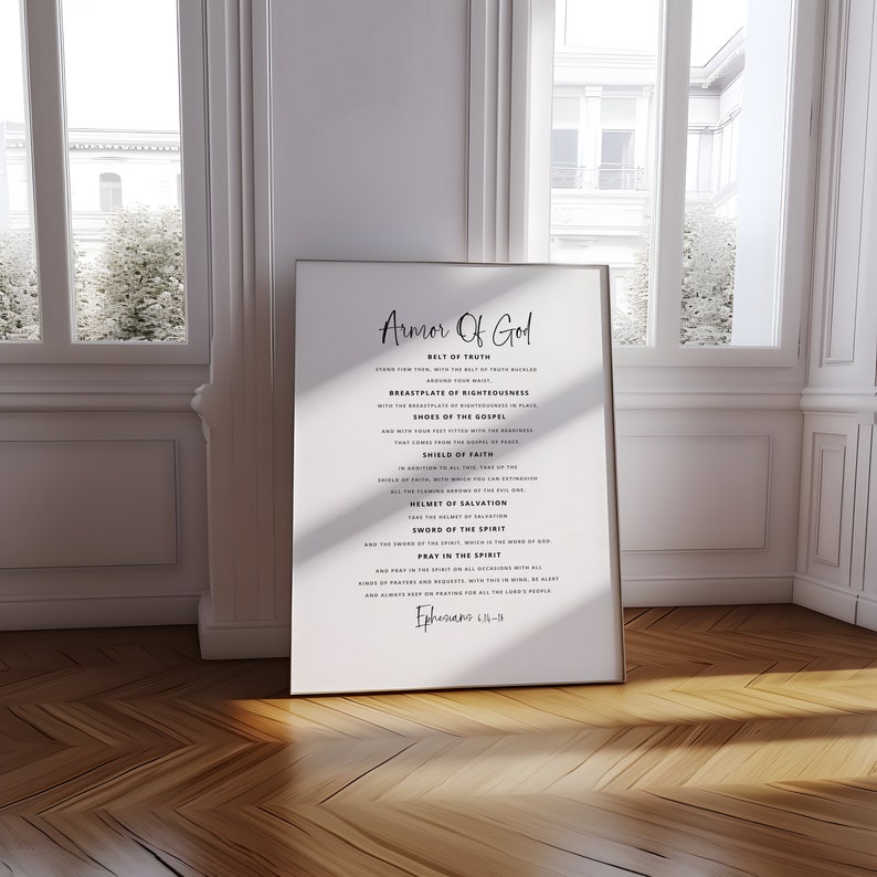 May include: A black and white printable poster with the text "Armor of God" and a list of spiritual armour from the Bible verse Ephesians 6:10-18. The poster includes the following text: "Belt of Truth", "Breastplate of Righteousness", "Shoes of the Gospel", "Shield of Faith", "Helmet of Salvation", "Sword of the Spirit", and "Pray in the Spirit".