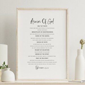 May include: A black and white printable wall art print with the text "Armor of God" and a list of the armour of God from Ephesians 6:14-18.