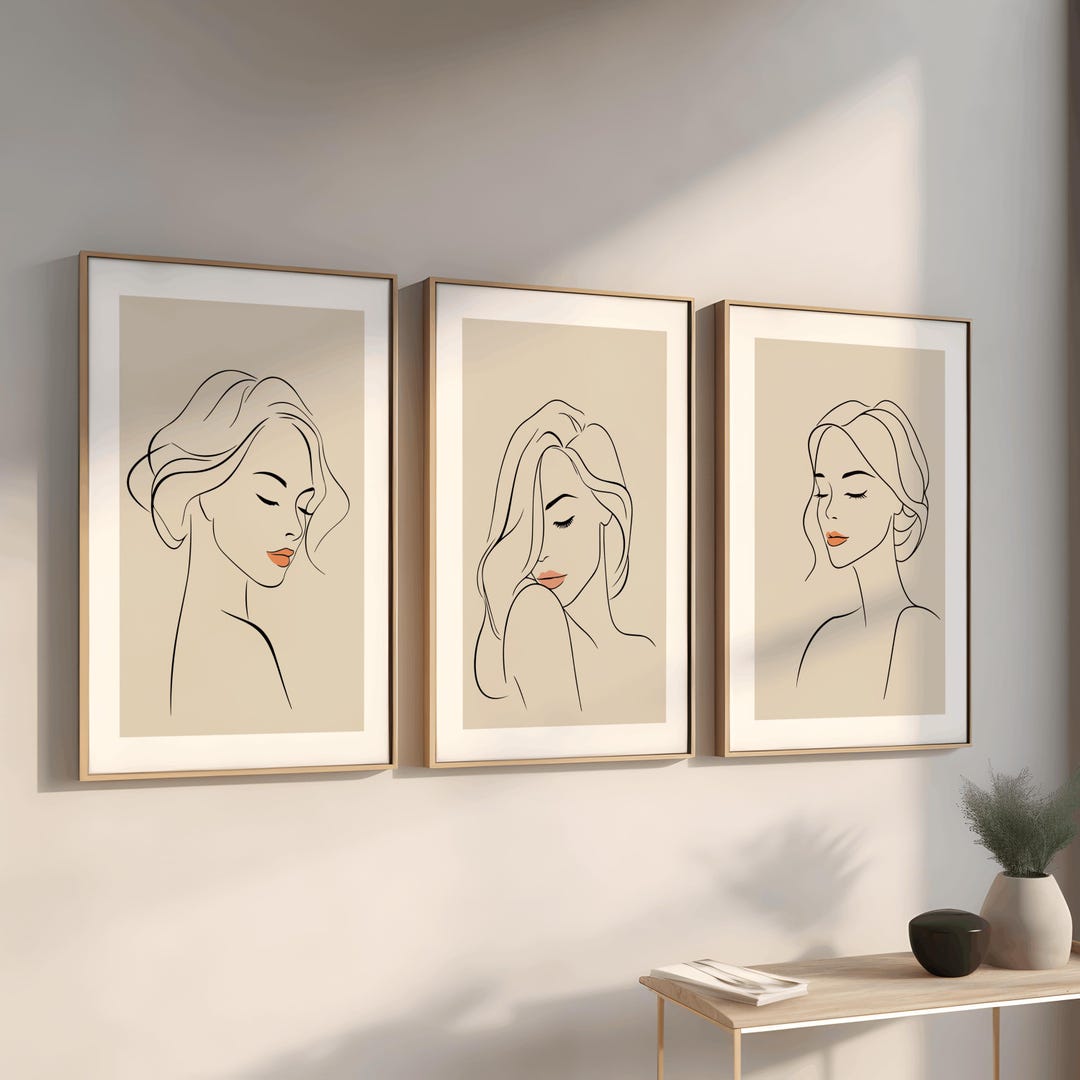 Line Art Set of 3 Female Portraits, Feminine Single Line Art Digital ...