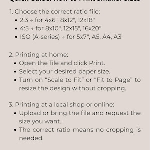 May include: A beige guide titled "Quick Guide: How to Print Smaller Sizes" with instructions on choosing the correct ratio file for printing various sizes, including 4x6", 8x12", and 8x10". It also provides printing instructions.