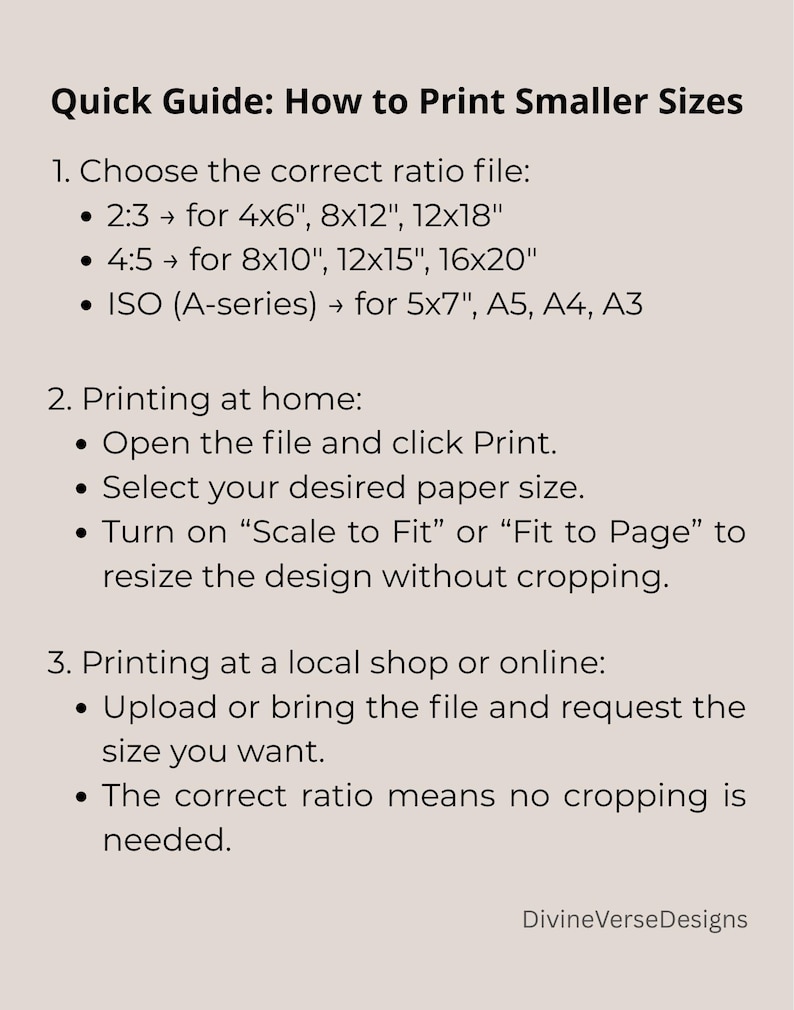 May include: A beige guide titled "Quick Guide: How to Print Smaller Sizes" with instructions on choosing the correct ratio file for printing various sizes, including 4x6", 8x12", and 8x10". It also provides printing instructions.