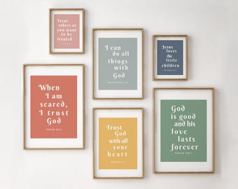 Bible Verse Wall Art Set of 6, Colorful Christian Kids Room Decor, Scripture Prints for Nursery and Playroom, Inspirational Faith Posters